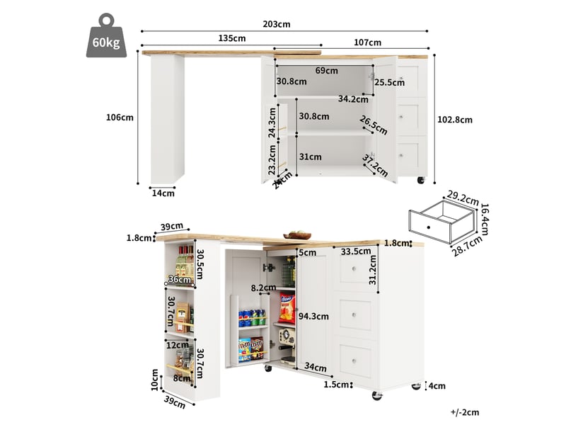  Îlot de cuisine mobile pivotant à 360° avec 3 tiroirs, mdf blanc, 203 cm  - Conforama C