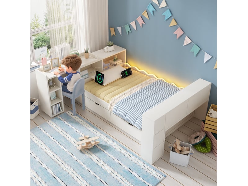  Lit simple 90x200 cm avec 2 tiroirs, bureau coulissant, led et prises, blanc  - Conforama B