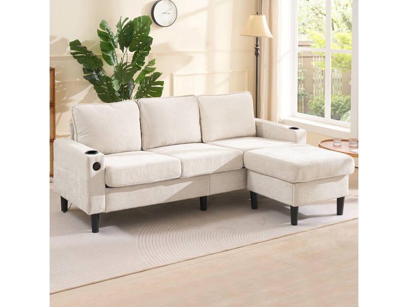  Canapé d'angle convertible 4 places en tissu beige avec usb, type-c, pouf modulable et 2 porte-gobelets  - Conforama B