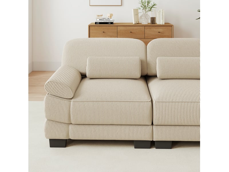  Canapé modulable 4 places 336x88,5x94 cm, format spacieux, fixations, coussins de soutien, velours côtelé, beige  - Conforama D