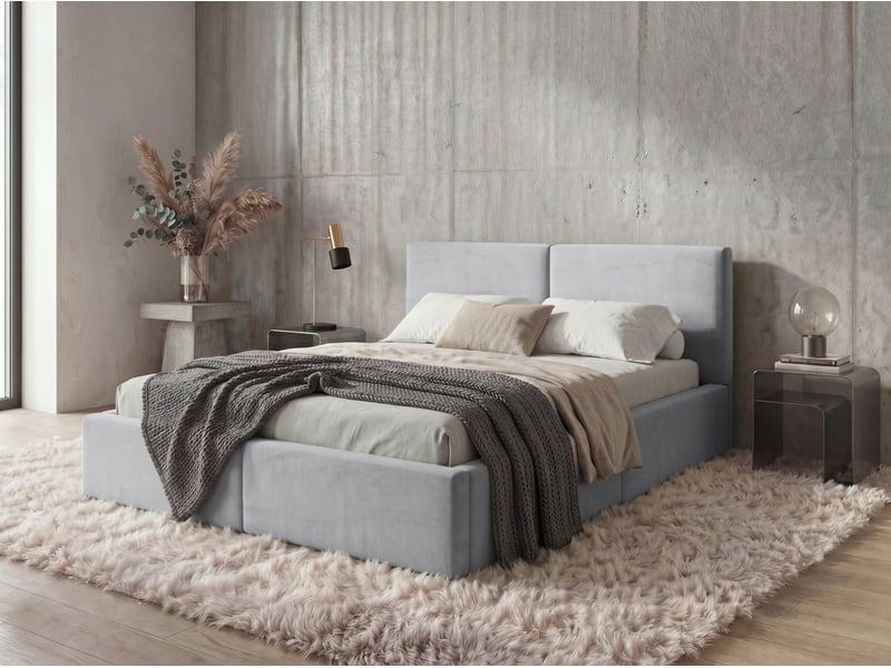  Lit coffre rembourré 140x200 2 places avec sommier relevable gratuit inclus et tête de lit - lit adulte avec rangement - cendré Hilton Interbeds - Conforama C