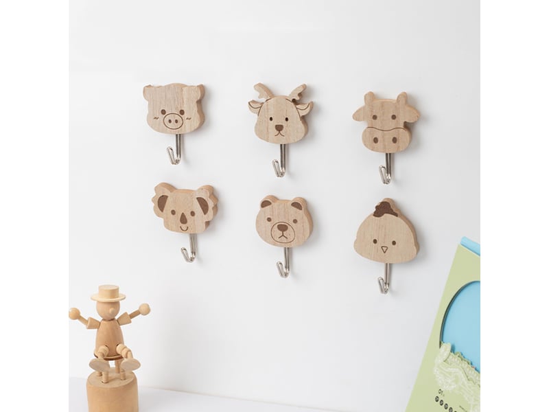  6 crochets animaux en bois, crochet adhésif sans percage, décoration enfant, chambre salle de bain cuisine, idéal pour sacs à dos, robe, marron  - Conforama B