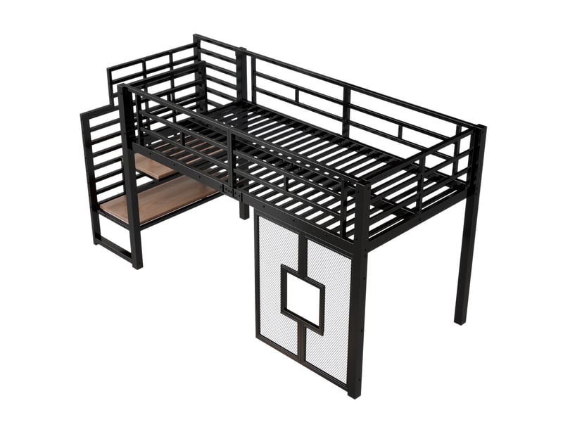  Lit mezzanine 90 x 200 cm structure métal escalier intégré rangement intégré éclairage led fenêtres décoratives noir rangement lit 1 place  - Conforama E
