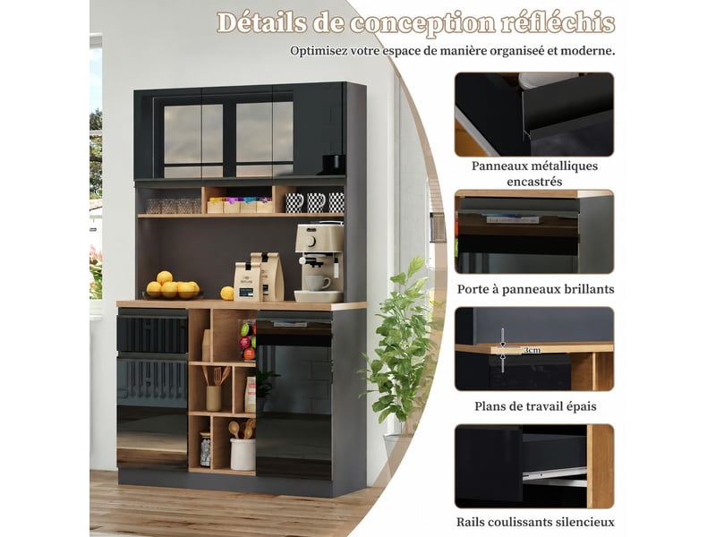  Buffet de cuisine moderne 105 x 45 x 185 cm, portes brillantes et rangements, anthracite et noir  - Conforama B