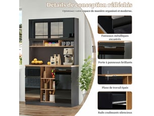 Buffet de cuisine moderne 105 x 45 x 185 cm, portes brillantes et rangements, anthracite et noir