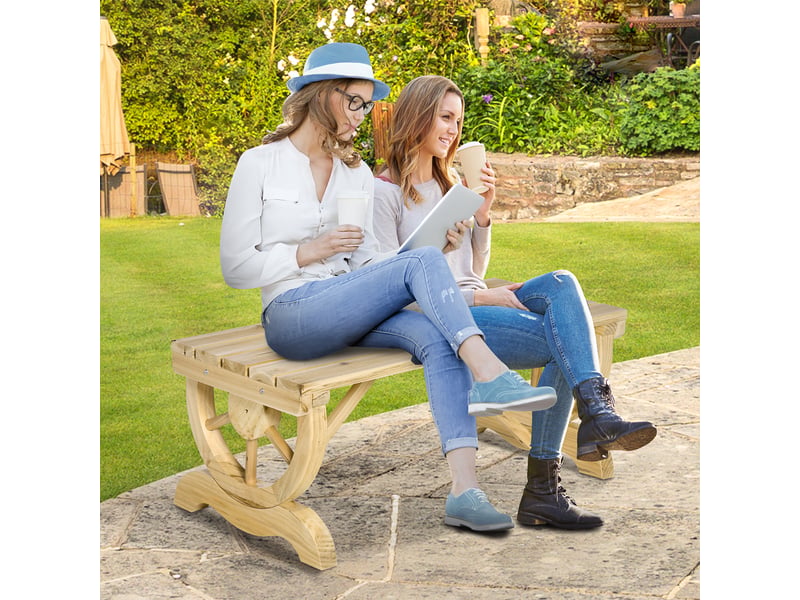  Banc de jardin 2 places avec structure à lattes et pieds en forme de roue de chariot, en bois, 98 x 50 x 39,5 cm, couleur bois  - Conforama C