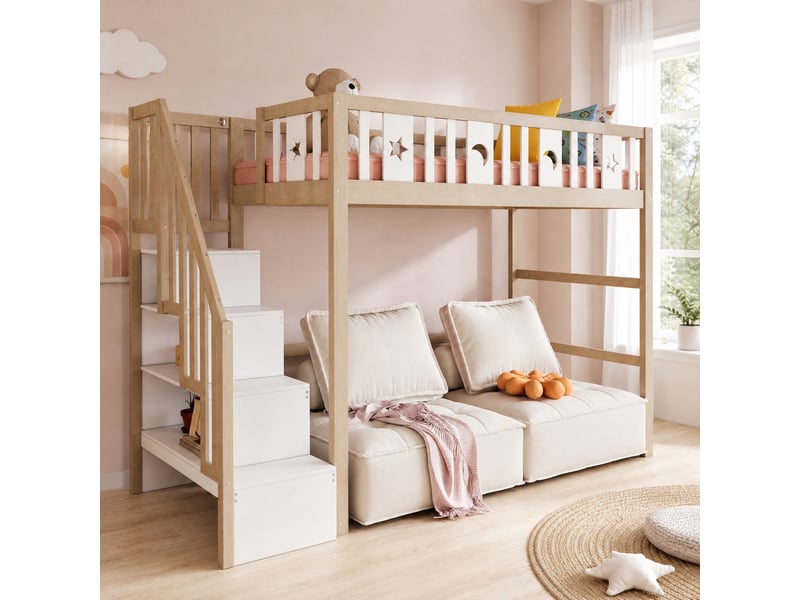  Lit mezzanine 90x200 cm, bois, avec escalier de rangement, barrière de sécurité, coloris blanc+bois, sans matelas  - Conforama B