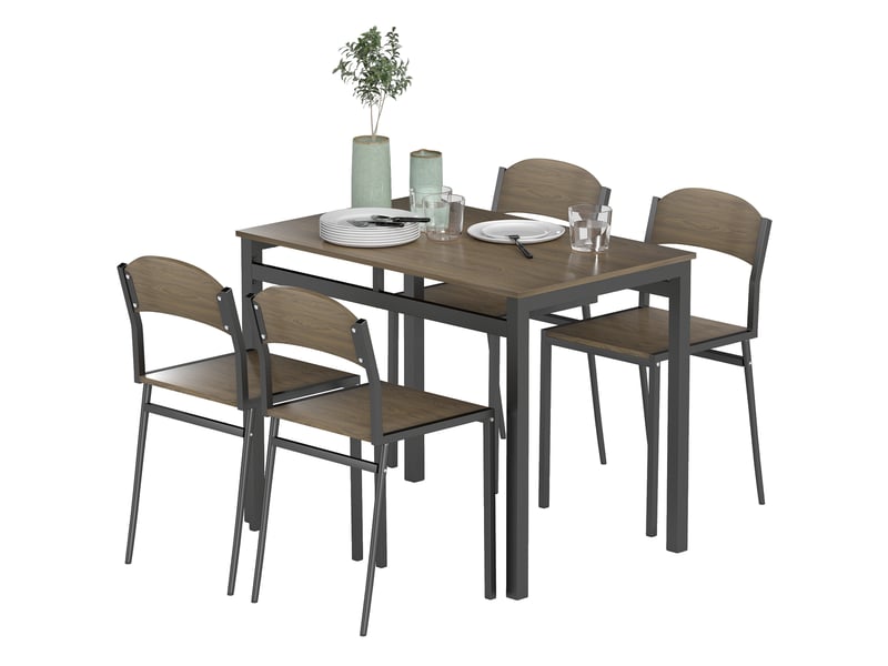  Ensemble de salle à manger 5 pièces comprenant 1 table rectangulaire (100 x 63 x 76,5 cm) et 4 chaises (45 x 40 x 82 cm), en acier et mdf.  - Conforama B