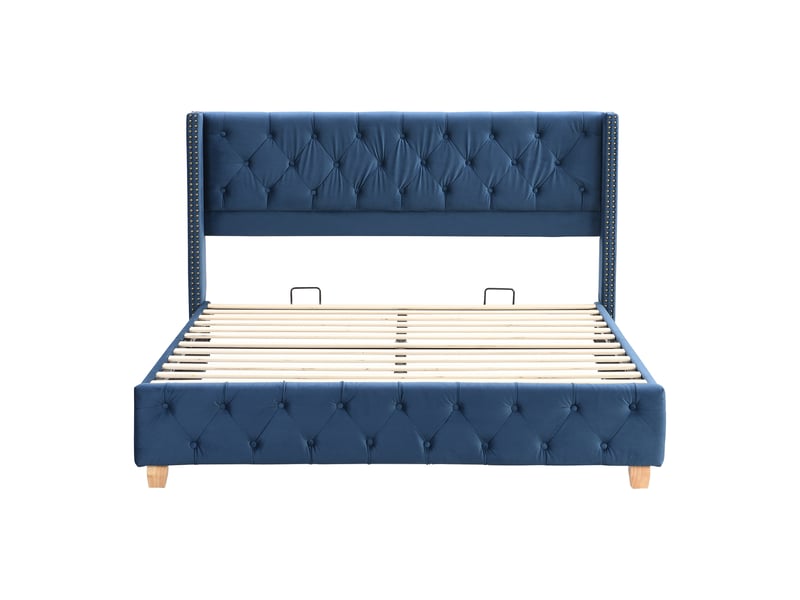  Lit capitonné 160x200 velours bleu avec sommier à lattes et tête de lit  - Conforama E