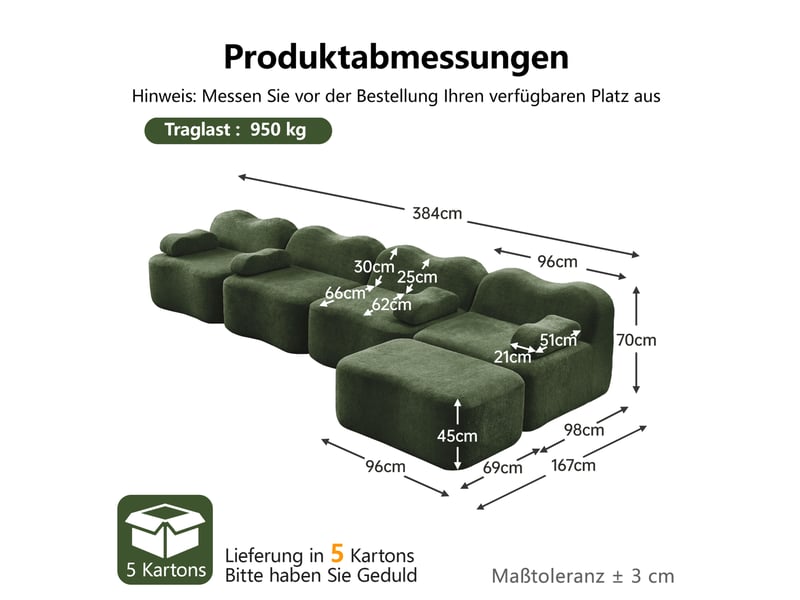  Canapé d'angle modulable ulevr 4 places avec pouf, 384 x 167 cm, velours vert, forme vague  - Conforama C