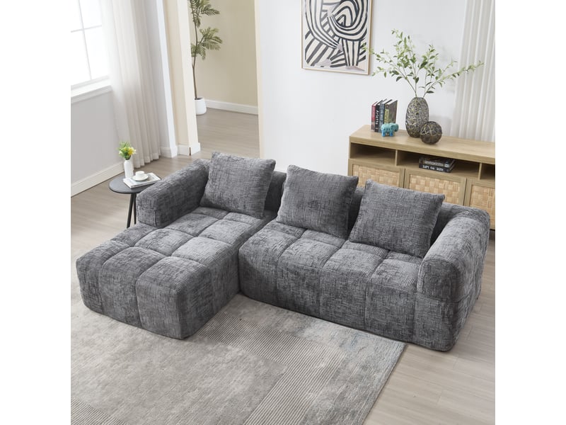  Canapé 3 places en chenille gris avec méridienne, 3 coussins et poches latérales intégrées  - Conforama B