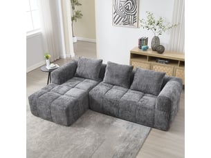 Canapé 3 places en chenille gris avec méridienne, 3 coussins et poches latérales intégrées