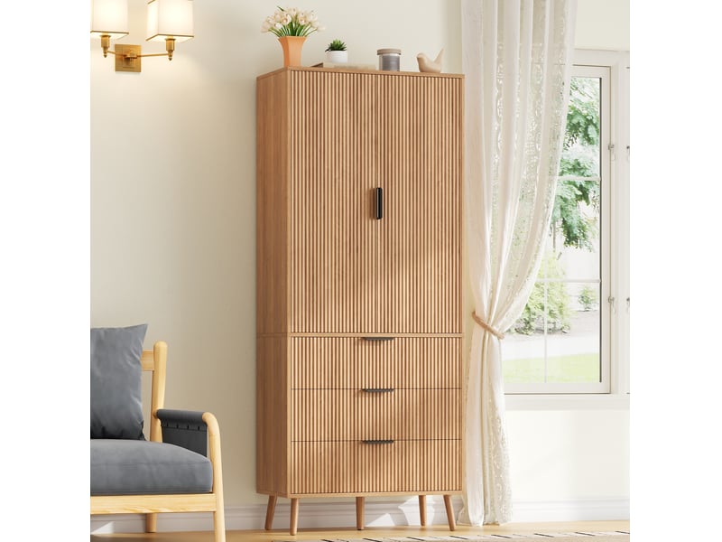  Armoire de cuisine 75x35x180 cm en mdf naturel avec 2 portes et 3 tiroirs  - Conforama D