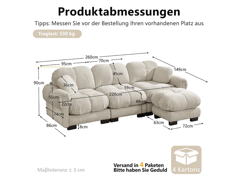  Canapé modulable 3 places 260 cm canapé droit en tissu chenille avec 1 pouf mobile, design matelassé, coussins épais, dossier ergonomique, kaki clair Seren Glow - Conforama C