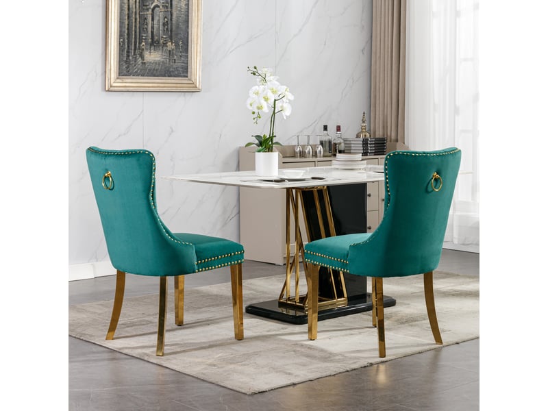  Lot de 2 chaises salle à manger velours vert, pieds métal doré cloutées - chic et tendance  - Conforama B