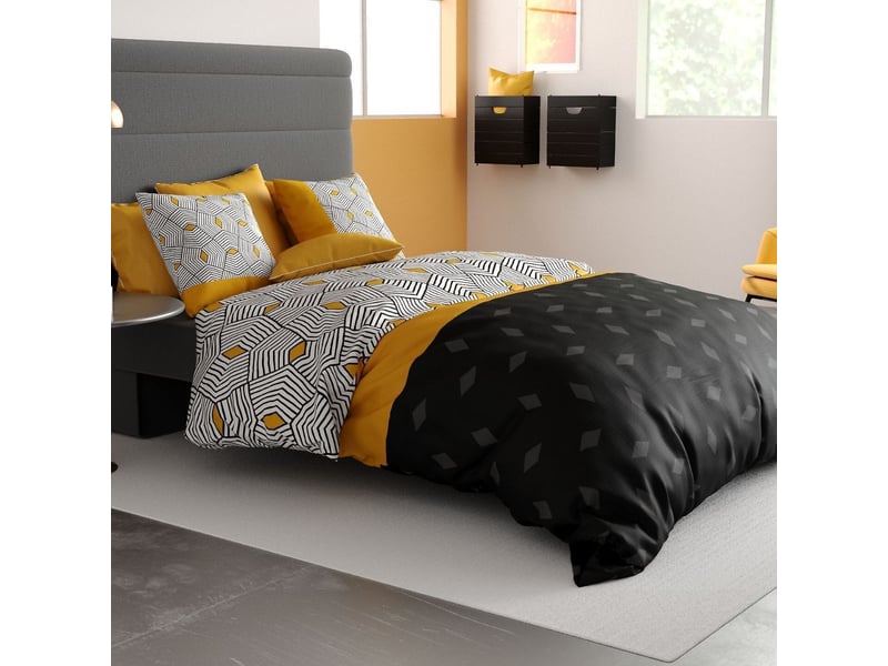  Parure housse de couette 260x240cm + 2 taies motif graphique jaune et noir 100% coton - farandole FARANDOLE - Conforama B