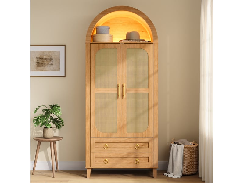  Armoire 2 portes avec niche ouverte en arche, éclairage led piloté par application, 2 tiroirs et penderie  - Conforama B