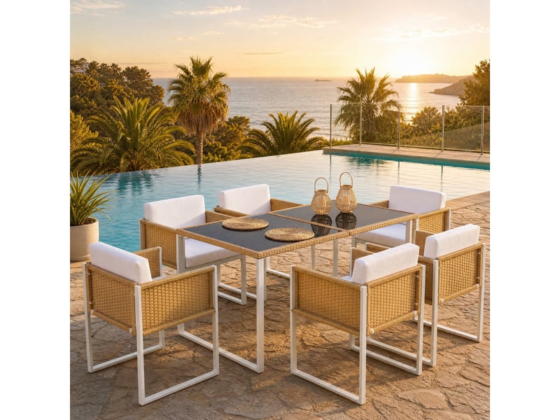 Ensemble table et chaise de jardin avec 1 table et 6 chaises, rotin pe, fer et verre trempé, marron et blanc - Conforama C