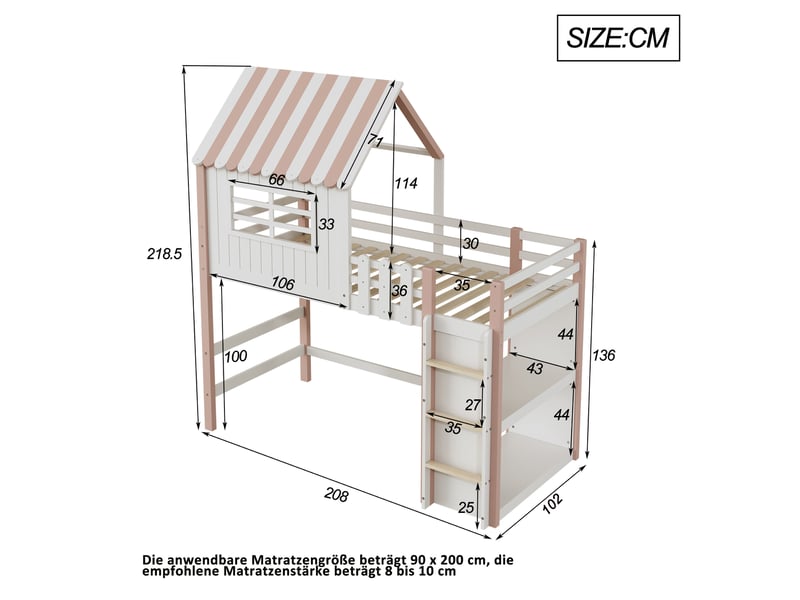 Lit enfant surélevé forme maison 90 x 200 cm rose avec échelle et sommier à lattes - Conforama E