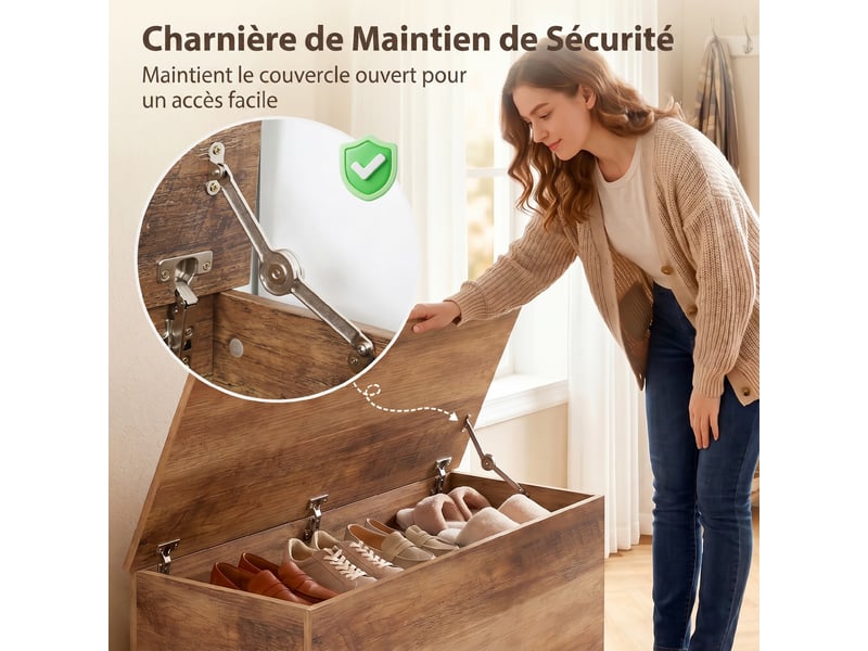  Coffre de rangement, banc de rangement avec couvercle rabattable et charnières de sécurité, marron, 100 x 40 x 40 cm  - Conforama E