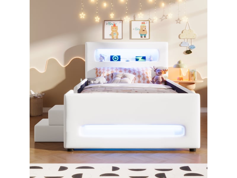  Lit simple rembourré 90x200 cm coloris blanc led pu lit enfant blanc - Conforama D