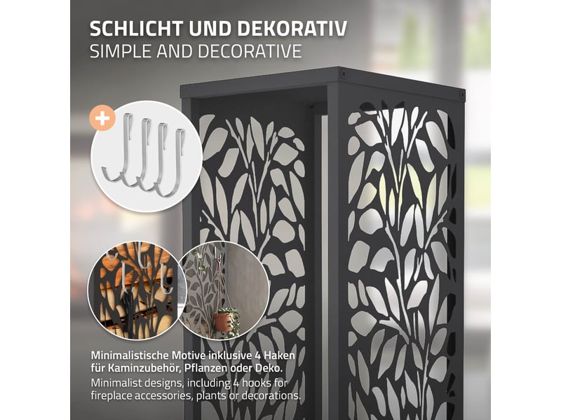  Ml-design range-bûches vertical en acier galvanisé 37,5 x 37,5 x 112 cm, intérieur et extérieur, motif de feuilles, support colonne rangement bois de chauffage cheminée, 4 crochets, anthracite mat ECD Germany GmbH - Conforama E