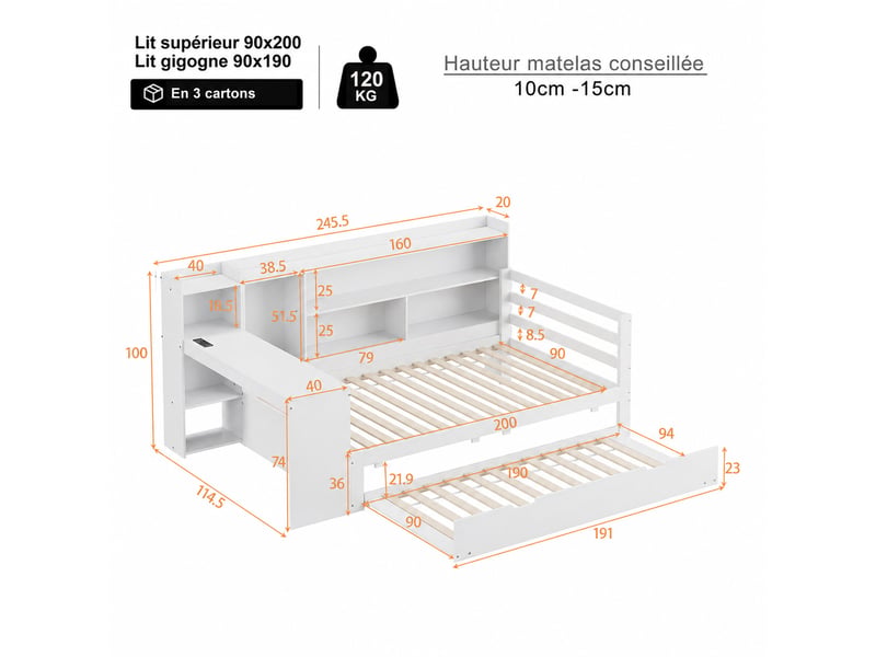  Lit gigogne 2 places 90x200 cm en bois avec bureau, rangements, prise et usb, matelas non précisé, blanc  - Conforama D