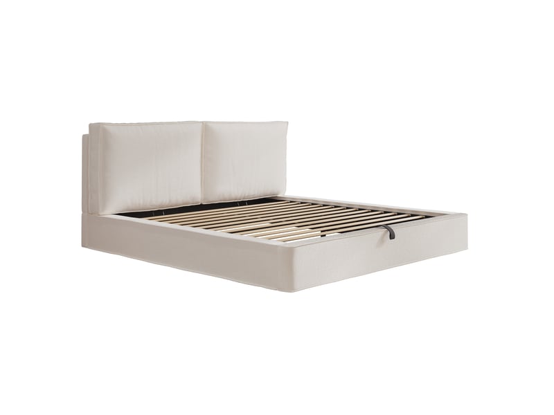  Lit coffre adulte 180x200 cm bouclé beige avec sommier à lattes et tête de lit  - Conforama E