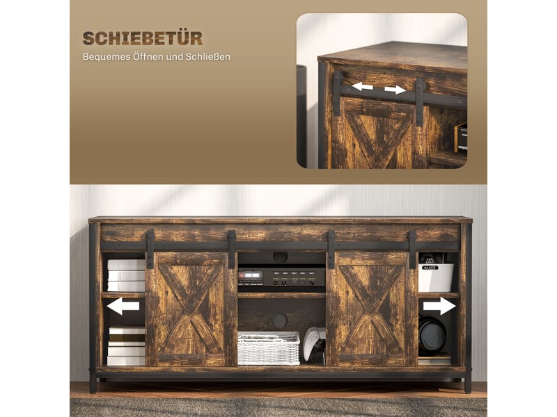  Meuble tv avec 2 portes, 6 niches, passage de câbles, pour salon, en contreplaqué et acier, 120×40×54 cm, marron  - Conforama E