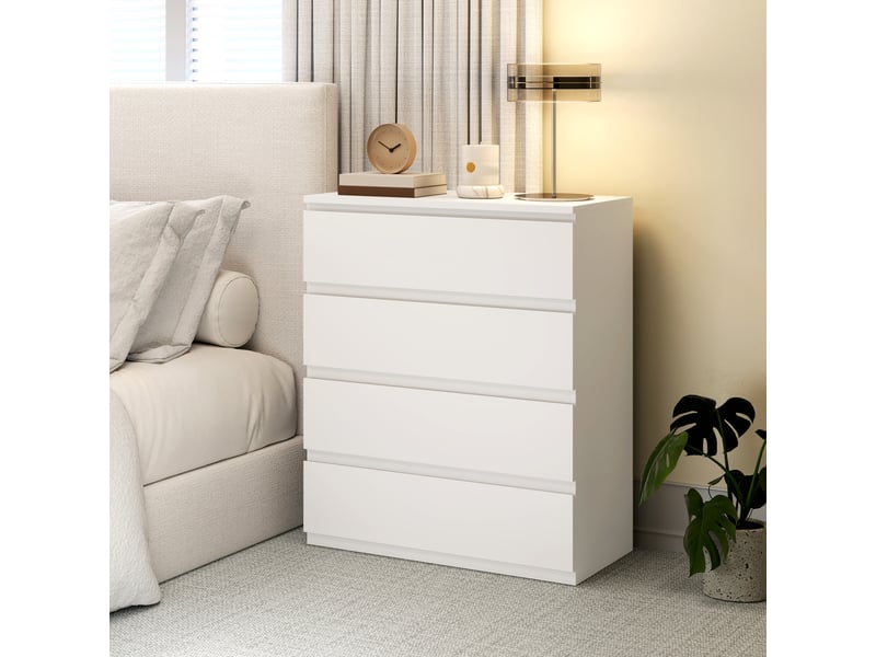  Commode moderne à 4 tiroirs sans poignées pour chambre et salon, 80 x 39 x 95 cm, blanche  - Conforama D