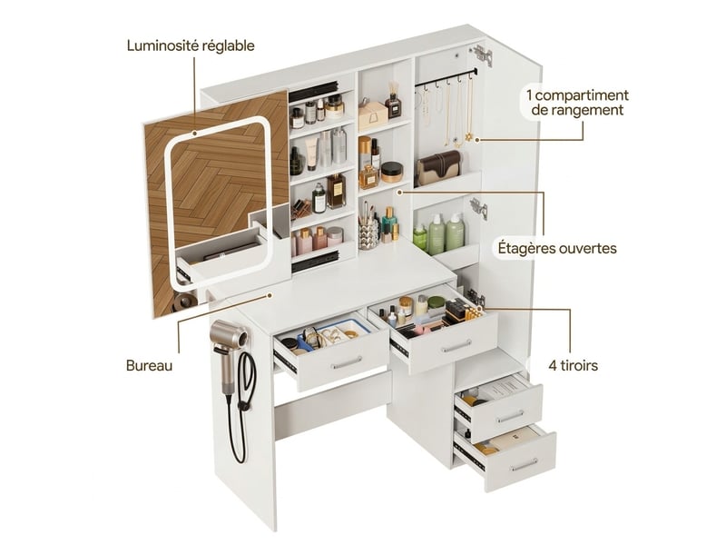  Coiffeuse blanche 100x40x142 cm avec miroir led coulissant et tabouret – table de maquillage avec armoire à bijoux, 4 tiroirs, étagères cachées et support sèche-cheveux – 3 modes d'éclairage réglables  - Conforama D