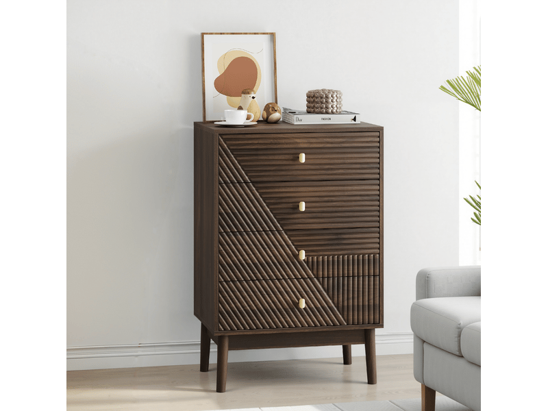  Commode 4 tiroirs 60 x 40 x 90 cm avec panneaux ondulés, boutons en métal doré, noyer foncé  - Conforama E