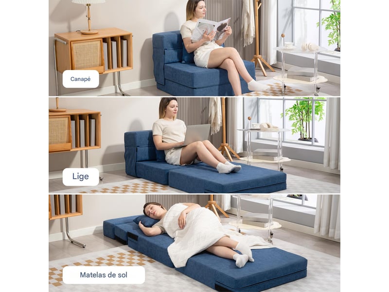  Chauffeuse convertible en mousse avec coussin bleu foncé 80 x 80 x 64 cm  - Conforama D