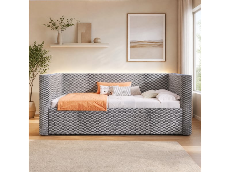  Lit simple 90x200 cm avec rangement hydraulique et led multicolore en velours et mdf gris  - Conforama C