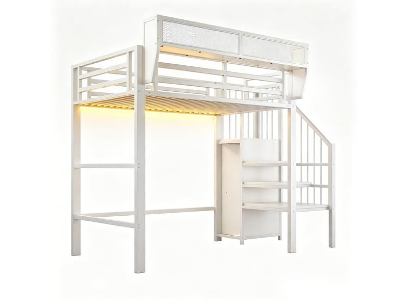 Lit mezzanine enfant 90x200cm avec bande led et escalier rangements,métal lit superposé simple avec étagère,sans matelas,blanc CARDUME ESTIVAL - Conforama A