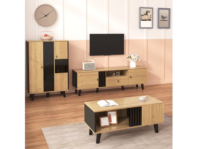  Ensemble salon 3 pièces, meuble tv 170 cm, table basse 100 cm, buffet 80 cm vitré led, panneaux de particules et verre, bois et noir  - Conforama B