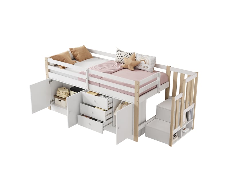  Lit surélevé enfant 90x200 avec rangement et escalier cravdom  - Conforama A