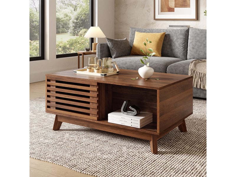  Table basse - 100 x 50 x 51 cm - table basse relevable avec porte coulissante à lamelles et rangement - noyer  - Conforama C