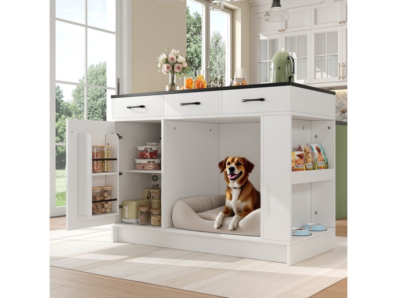 Îlot de cuisine 120x60x90 cm avec 3 tiroirs et espace pour animal, blanc - Conforama C