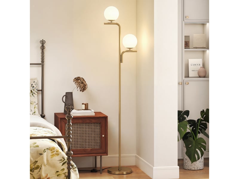 Lampadaire salon doré à 2 globes en verre, 3 températures de lumière, avec ampoules e27 incluses pour séjour - Conforama B