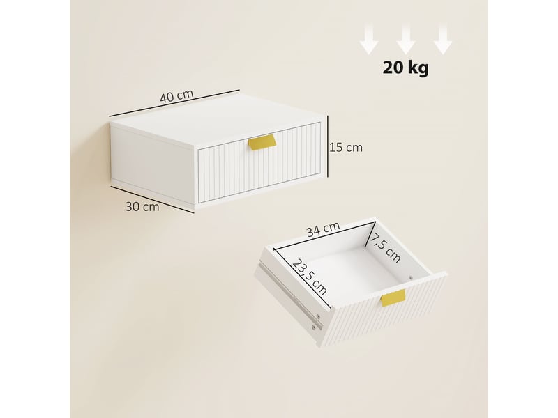  Lot de 2 tables de chevet murales chambre 40 x 30 x 15 cm tiroir silencieux plateau spacieux moderne épuré en mdf blanc 21_0003781  - Conforama B