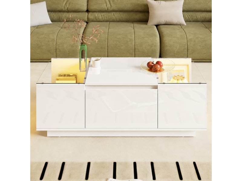  Table basse blanche avec rangement, 2 tiroirs et éclairage led, finition brillante, 105 x 50 x 35 cm  - Conforama B