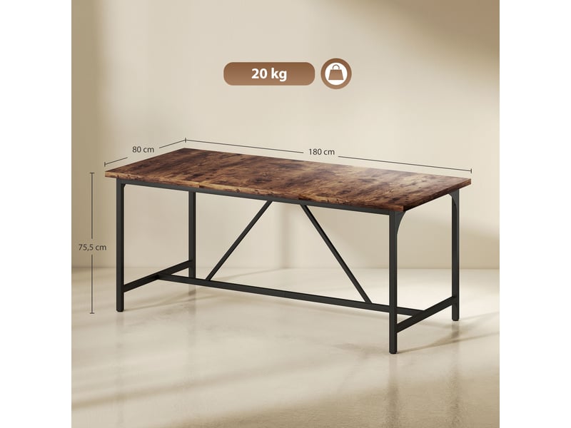  Table de salle à manger rectangulaire pour 6 à 8 personnes, style industriel avec pieds en métal, 180 x 80 x 75,5 cm, marron rustique  - Conforama E