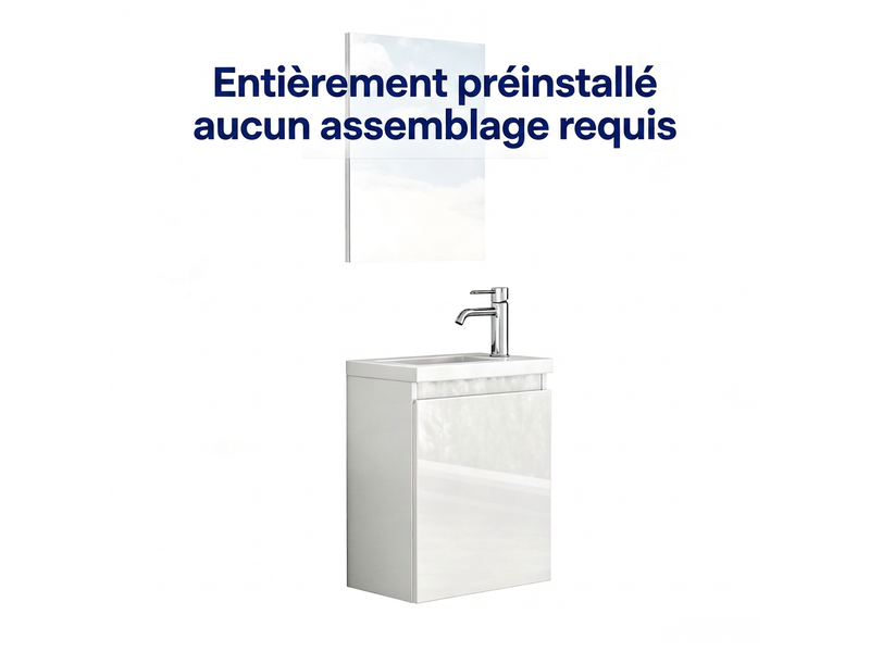  Meuble salle de bain suspendu 40 cm avec vasque en céramique et miroir - blanc brillant gain de place  - Conforama R