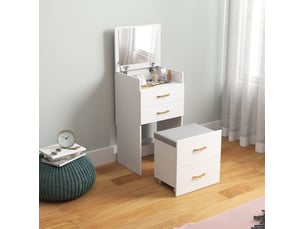 Coiffeuse 3-en-1 avec miroir, tiroirs et tabouret à roulettes blanc evryae