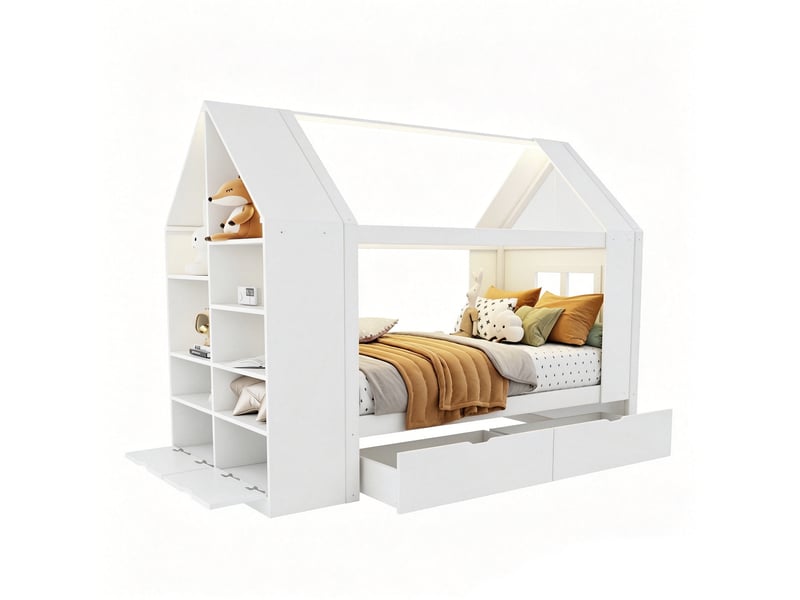  Lit cabane enfant modenvie 90 x 200 cm avec 2 tiroirs, led, rangement, cadre à lattes, bois et mdf, blanc  - Conforama A