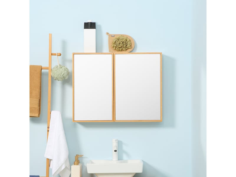 Armoire murale de salle de bain avec miroirs et 2 portes 65,2 x 14 x 50 cm en bambou  - Conforama W
