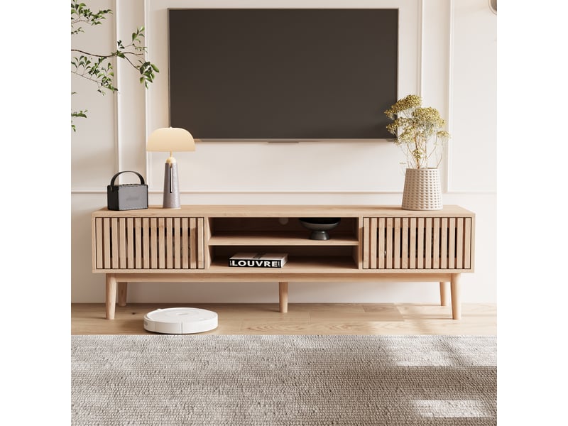  Meuble tv - 150 x 40 x 48 cm-chêne - avec portes à lattes et niches ouvertes - meuble de salon style scandinave  - Conforama C