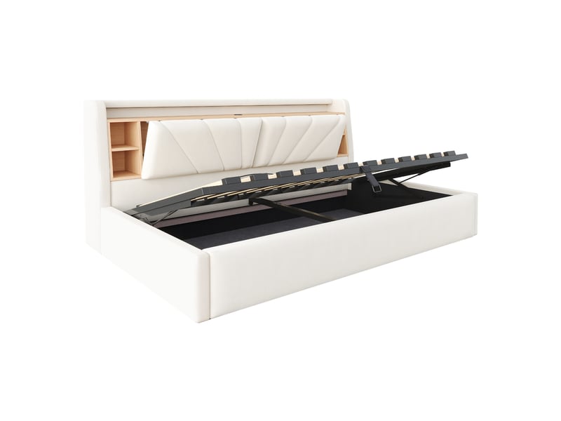  Lit coffre rembourré 90 x 200 cm – avec étagères – avec compartiments de rangement – ​​avec éclairage led et port usb – beige (matelas non inclus)  - Conforama W