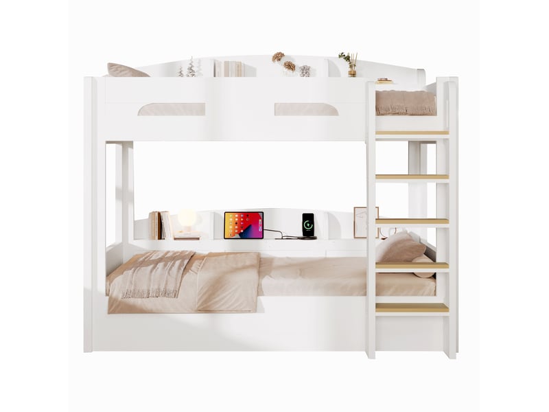  Lit superposé modenvie 90 x 200 cm avec prise usb et rangements latéraux en haut et en bas mdf et pin blanc  - Conforama A